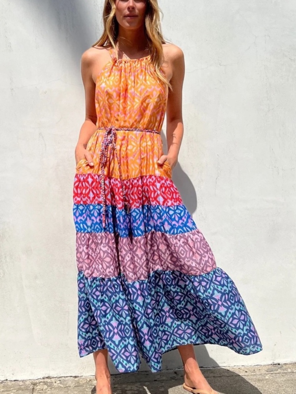 XIRENA Viv Fiesta Silk Cotton Maxi Dress Flowy Oversized MultiColor Print Size M